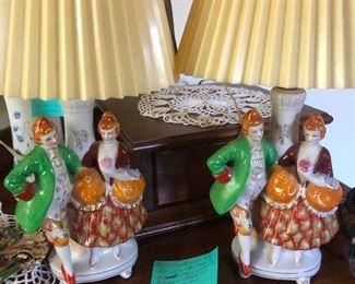 Pair of Boudoir Lamps. Two 18th male /female figurine lamps. Hand-painted. Made in Occupied Japan