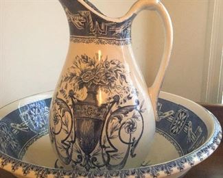 Bowl and Pitcher. Blue and White. Marked “BF Boston.”