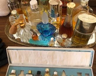 Paris Parfume Set w/Box. Made in France. 10 Bottle set-4 missing and Sixteen Pefume Bottles w/ Mirror Tray.