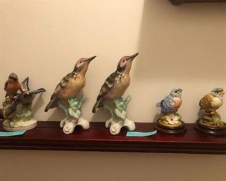 Purple Head Birds. # 5637. Marked “Made in Germany. US Side.” 2 pieces, Porcelain Blue Bird and Gold Finch on Wood Disc Stands w/original box & tags. Andrea by Sadck. 2 Birds & 2 Bases, three Birds Statue. Germany.