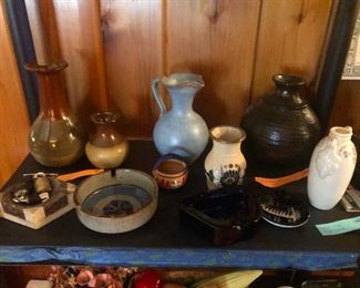 Historic Ashtray salvaged from Dec 7, 1946, Winecoff Hotel Fire at 176 Peachtree St, Atlanta, by Ernie Bolton, workman on site. Blue Glass, Hand Made Pottery 