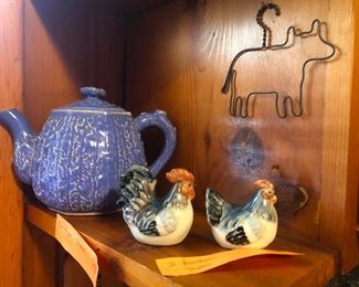  Roosters. Japan. 2 pieces, Blue Teapot. Japan.