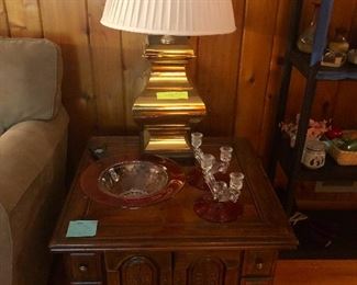 Matching brass Lamps and Rose & clear glass bowl w/2 candlesticks