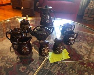 Dark Brown tea set with flower design. Made in Japan. 14pc