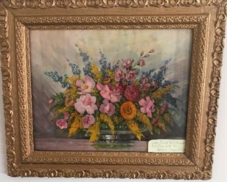 Vintage Framed Print Lithograph. “Rose Zinna Spring,” by Gustave Wiegard