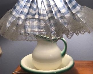 Blue gingham fabric lamp shade with antique pitcher and bowl base