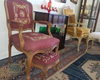 Finely carved needlepoint chair w footstool 