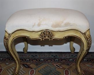 distressed French carved innerspring footstool ottoman (muslin fabric stained)