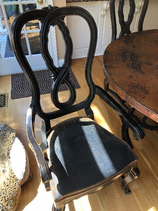 #1A) - $700 - 6 Dining Chairs.  Each chair is solid wood with a leather seat bottom.  Table is 60 Inch in diameter.  New, chairs were $400 each.  