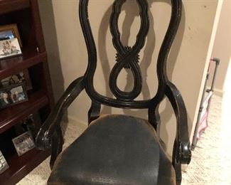#1A) - $700 - 6 Dining Chairs.  Each chair is solid wood with a leather seat bottom.  Table is 60 Inch in diameter.  New, chairs were $400 each.  