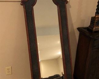#12) - $250 - Beveled Mirror with Solid Wood Frame  and Leather Inlay.  