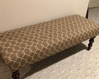 #18) - $100 - Upholstered Bench.  Walnut Legs.  48" W x 19" D x 17" H.