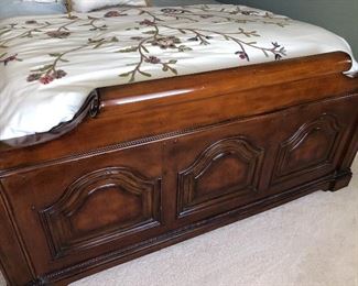 #19) - $750 - Solid Walnut Wood Queen Bed.  Seville Home new was $3000.   Headboard 64" Tall.  Footboard 32" Tall.  Mattress and Box Springs may be included if buyer would like it.  Linens are included including comforter, blankets, sheets, pillows and throw pillows.  