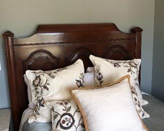 #19) - $750 - Solid Walnut Wood Queen Bed.  Seville Home new was $3000.   Headboard 64" Tall.  Footboard 32" Tall.  Mattress and Box Springs may be included if buyer would like it.  Linens are included including comforter, blankets, sheets, pillows and throw pillows.  