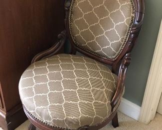 #21) - $150 - Antique Occasional Chair.  Solid Walnut Upholstered.  Seat 17" Tall Back 35" Tall.  Width is 21".
