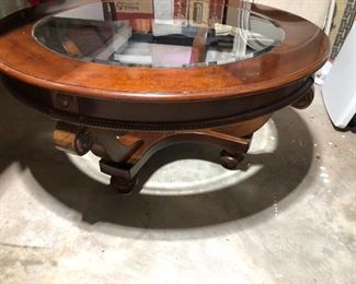 #102) - $175 - Solid Wood Coffee table with Beveled Glass Insert.  40" diameter.  19" H.