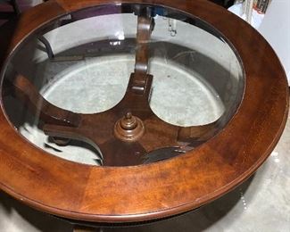 #102) - $175 - Solid Wood Coffee table with Beveled Glass Insert.  40" diameter.  19" H.