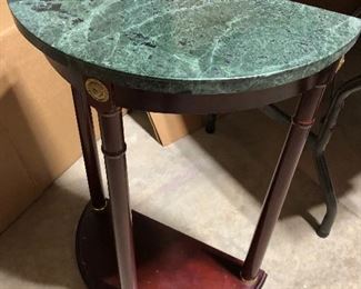 #103) - $200 - Solid Wood Half Round Table with Marble Top.  Top is removable.  20" W x 10"H x 28" H.
