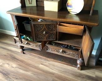 #110) - $400 - Solid Wood Side Board Hutch.  Contains 2 drawers,, One Hidden drawer, Two Compartments.  Plate Grooves. The base is 50"W x 20"D x 33"H.  The hutch is 46"W x 10"D x 33 "H.