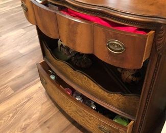 #116) - $250 - Solid Wood Decorative Cabinet.  Mirrored Center Opening.  Ornate Carving on each side.  35"W x 19"D x 27"H.