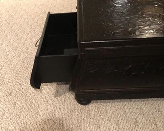 #4) - $350 - Solid Wood Coffee Table with pull out shelves.  45" x 31.5 x 20 Tall.  Pull out shelves 24" x 9.5".  Storage Drawers 22" x 17" x 8.5"