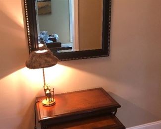#24) - $200 - Set of 2 Nesting Tables.  Iron Frame.  Wooden Top with Leather Inlay.  