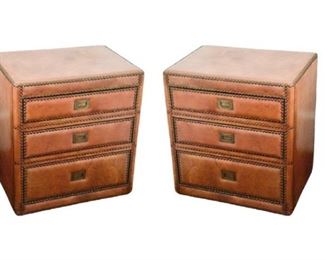 12a. Pair Of Leather Three Drawer Chest With Tack Trim