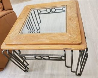 Glass Framed Wood End Table with Metal Feet and Accents