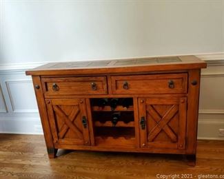Gorgeous Modern Oak Buffet Wine and Drawer Storage with Inlays and Metal Accents