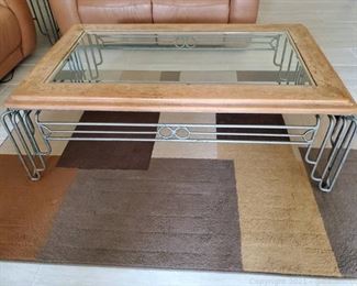 Large Class Framed in Wood Coffee Table with Metal Legs and Accents