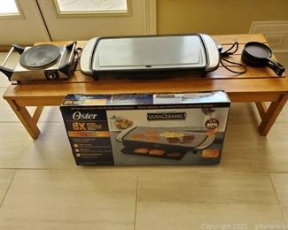 Oster Electric Griddle with Tray and Duxtop Electric Burner Hot Plate and 4 Small Cast Iron Skillets
