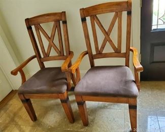 Set of Two Beautiful Oak Cross Back Dining Room Chairs with Metal Accents