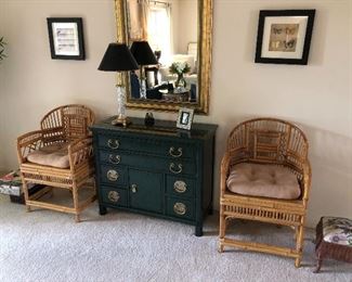 Pr rattan chairs & Asian style chest