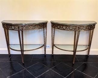 Gilt Metal & Marble Demi-lune Console Tables
