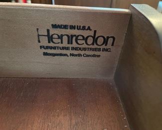 Vintage Henredon Scene One wall unit. Use as is or remove cross-bar and large mirror to separate into three individual multi-use pieces - two glass shelf cabinets with interior lighting and a six-drawer campaign chest. Sold as a set or individually. Each cabinet measures 32" W x 18" D x 82" H. Chest measures 45" W x 18" D x 28" H. Photo 2 of 2.