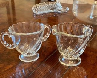 Vintage Fosteria depression glass creamer & sugar.