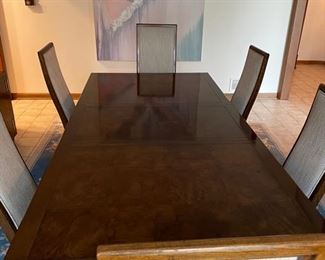 Vintage rosewood Parsons-style Henredon Scene One extension table and 6 upholstered dining chairs. Measures 66" L x 42" W; extends to 110" with two  22" inch leaves. Photo 1 of 2. 