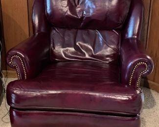 Vintage Hancock & More oxblood leather chair & ottoman. Measures 34" W x 40" D.
