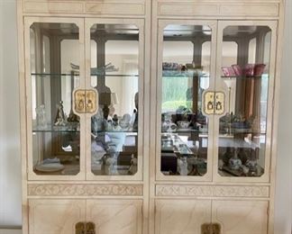 Vintage Henredon Asian-style display case with interior lighting - 2 available. Together, they measure 72"W x 16" D x 84" H. Independently, they are 36" W x 16" D x 84" H. Sold as a set or individually.