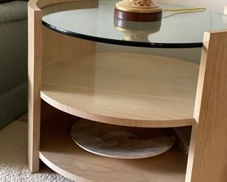 Mid-century modern round side table with oak laminate finish - 2 available. Each measures 33" D x 24" H.