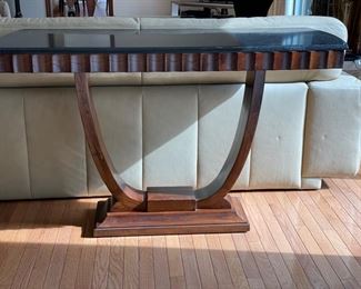 Art Deco style console with marble top. Measures 54" x 21"D x 52" H.
