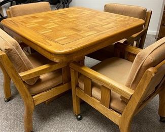 Mid-century parquet top game table set with four chairs. Table measures 40" x 40".  Photo 1 of 2. 