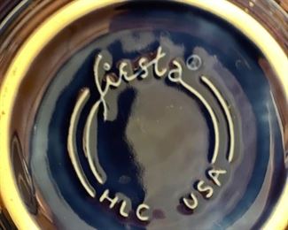 Fiesta Ware blue chip-free dinnerware set. Set includes 10 dinner plates, 8 soup bowls, 8 salad plates, 8 mugs, tea pot, pitcher, 3 serving bowls and 1 platter. Photo 4 of 4.