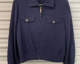 Vintage St. John Collection navy blue front-zip sweater. Size S. Photo 1 of 2.