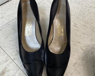Ferragamo black satin pumps. Size 8.