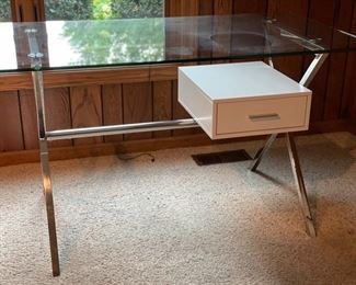 Chrome cross-leg, glass-top desk with drawer and leather office chair. Photo 1 of 3.