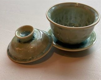 Chinese porcelain lidded tea cup and saucer. Photo 2 of 2.