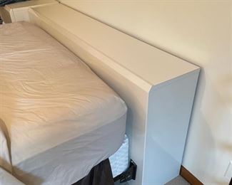 1980s Lane Furniture Full-Size Headboard with Two Bedside Tables (pictured with one side table but two available). Each piece features a rich, creamy pearl lacquer finish over heavyweight, solid wood. Tables Measure 24" W x 30" H each. Bed Measures 66" W x 12" D x 30" H. Photo 1 of 2.