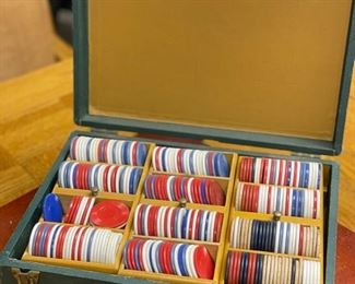 Vintage case of poker chips.
