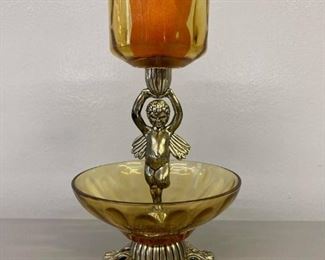Vintage amber glass cherub candle holder